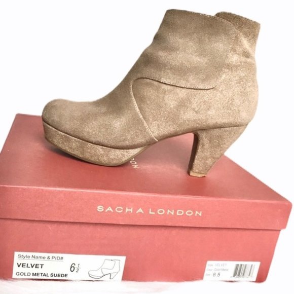 Sacha London Tan Leather Booties Velvet Gold Metal Size 6.5 - Picture 7 of 12